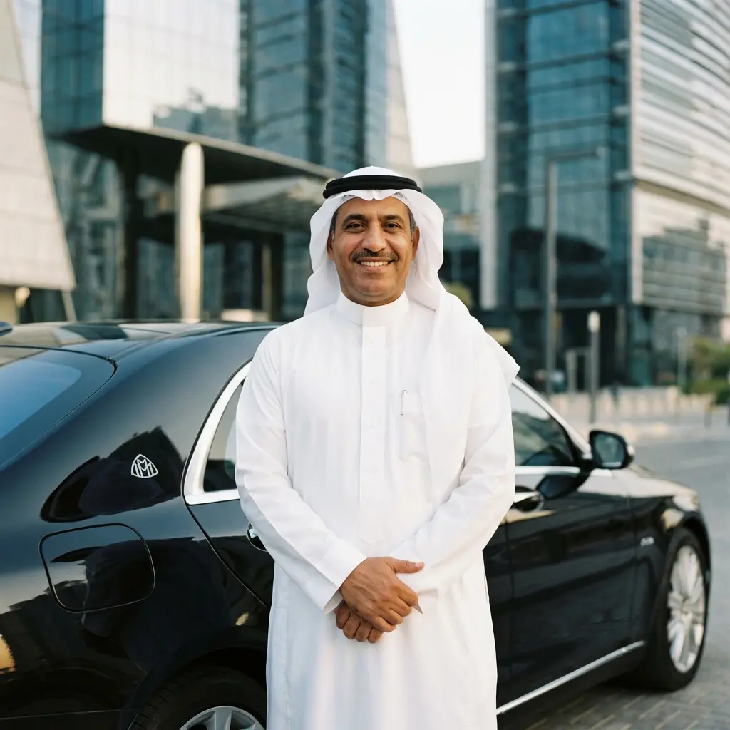 Professional Saudi taxi driver in uniform providing VIP service